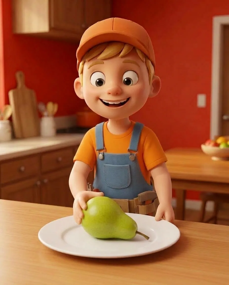Captain A, a cheerful energetic 6-year-old boy maker with a big grin, short blonde hair under an orange builder's cap, a bright orange t-shirt under…