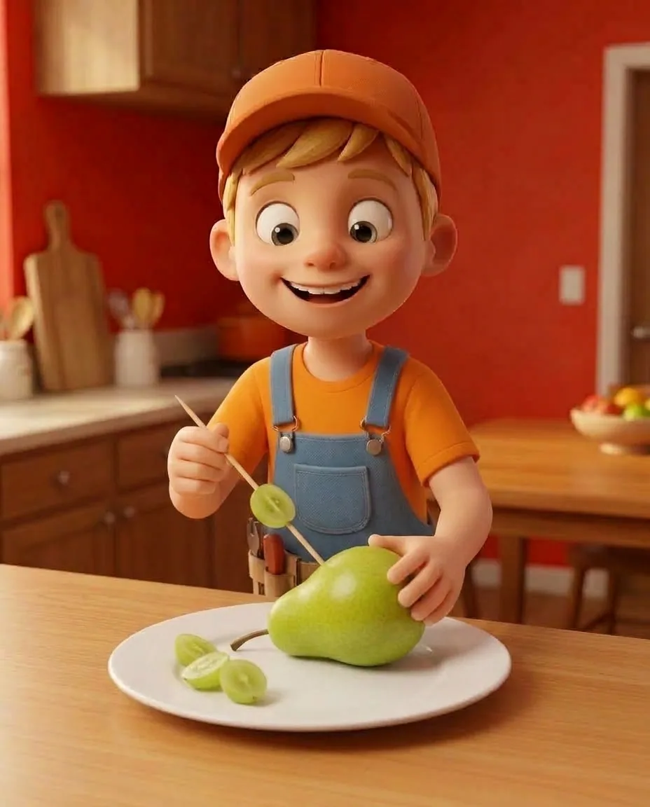 Captain A, a cheerful energetic 6-year-old boy maker with a big grin, short blonde hair under an orange builder's cap, a bright orange t-shirt under…