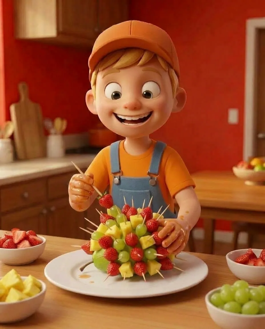 Captain A, a cheerful energetic 6-year-old boy maker with a big grin, short blonde hair under an orange builder's cap, a bright orange t-shirt under…