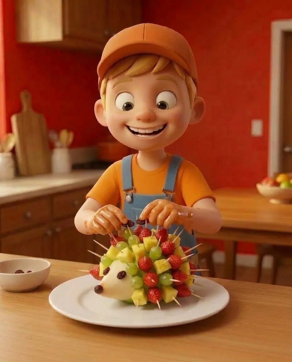 Captain A, a cheerful energetic 6-year-old boy maker with a big grin, short blonde hair under an orange builder's cap, a bright orange t-shirt under…