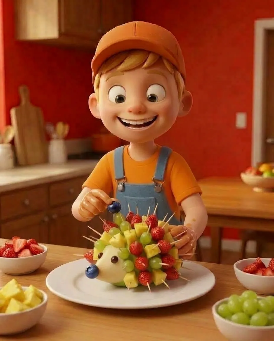 Captain A, a cheerful energetic 6-year-old boy maker with a big grin, short blonde hair under an orange builder's cap, a bright orange t-shirt under…