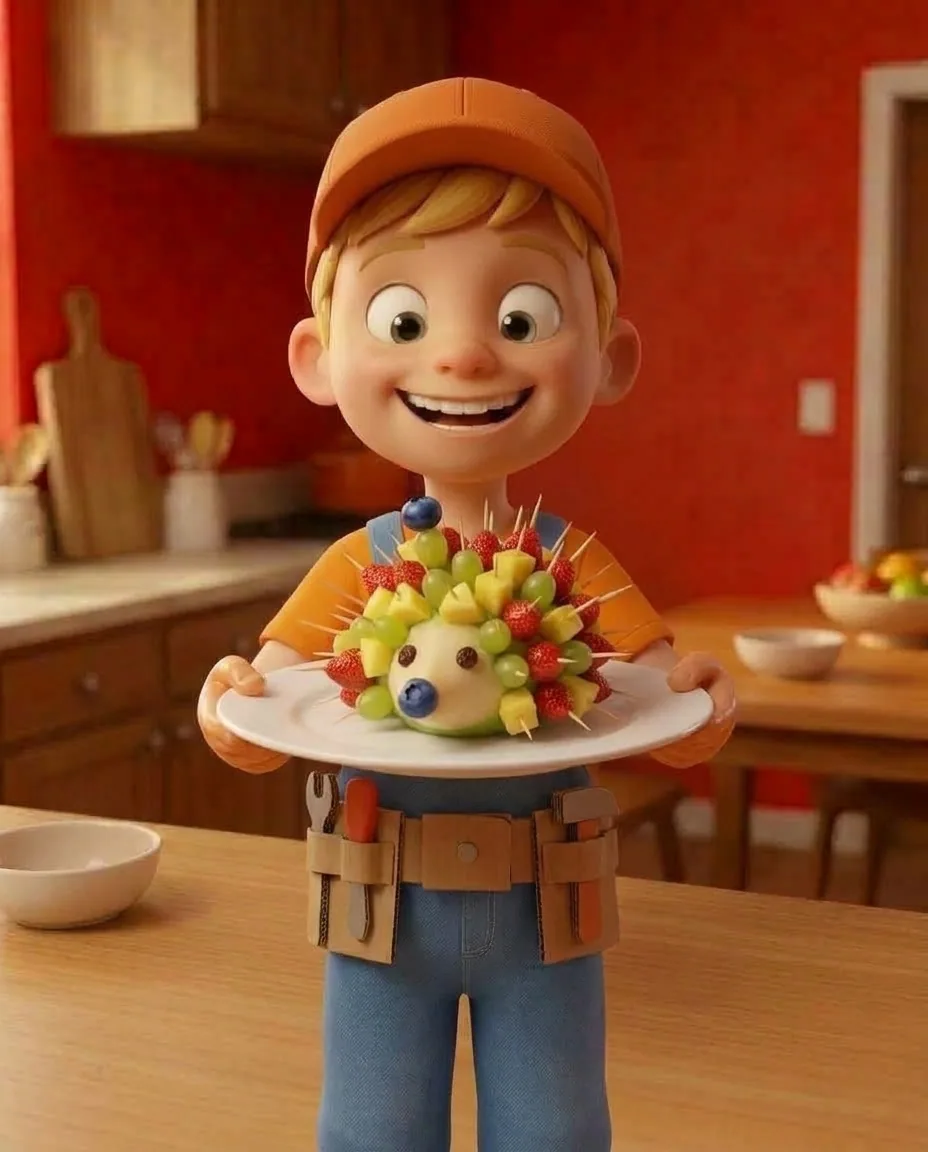 Captain A, a cheerful energetic 6-year-old boy maker with a big grin, short blonde hair under an orange builder's cap, a bright orange t-shirt under…
