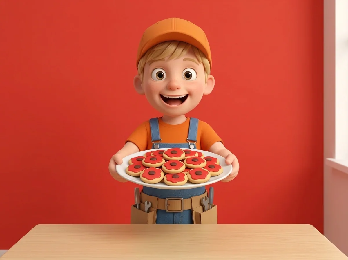 Captain A stands excitedly, proudly holding out a platter of finished poppy shortbread biscuits.