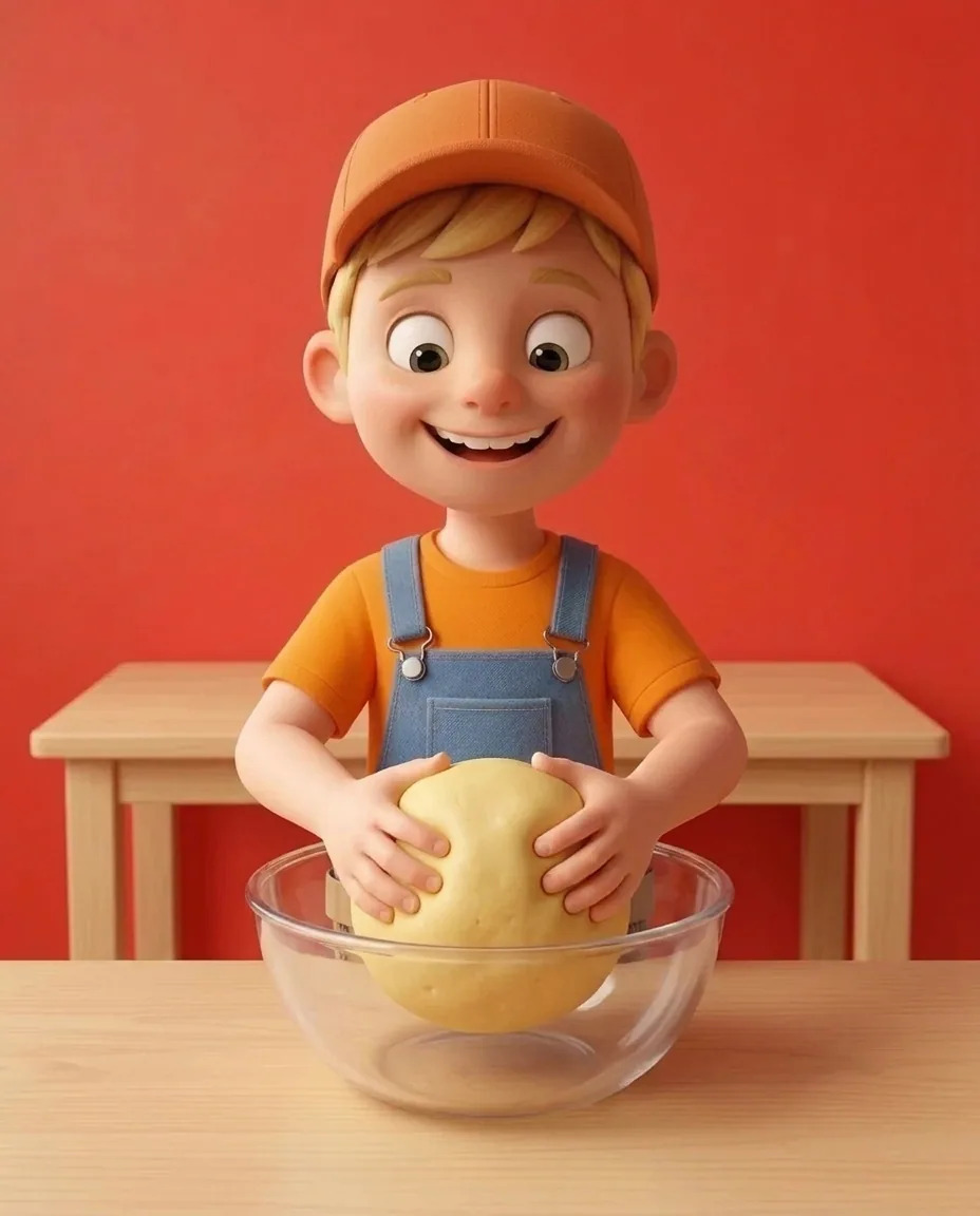 Inside the clear bowl, Captain A presses and squeezes the breadcrumb mixture firmly together using both hands.