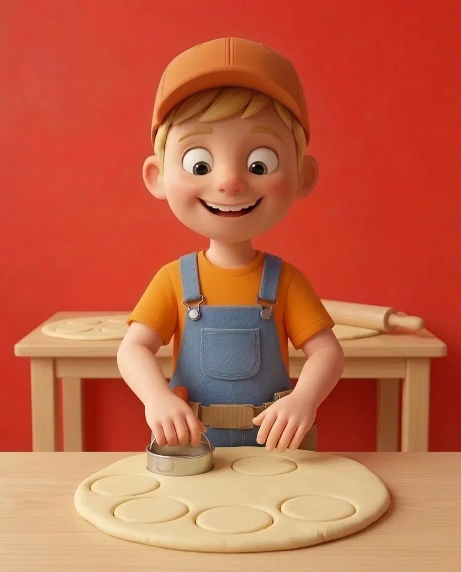 Captain A uses a wooden rolling pin to roll the ball of dough flat until it is the uniform thickness of a pound coin.