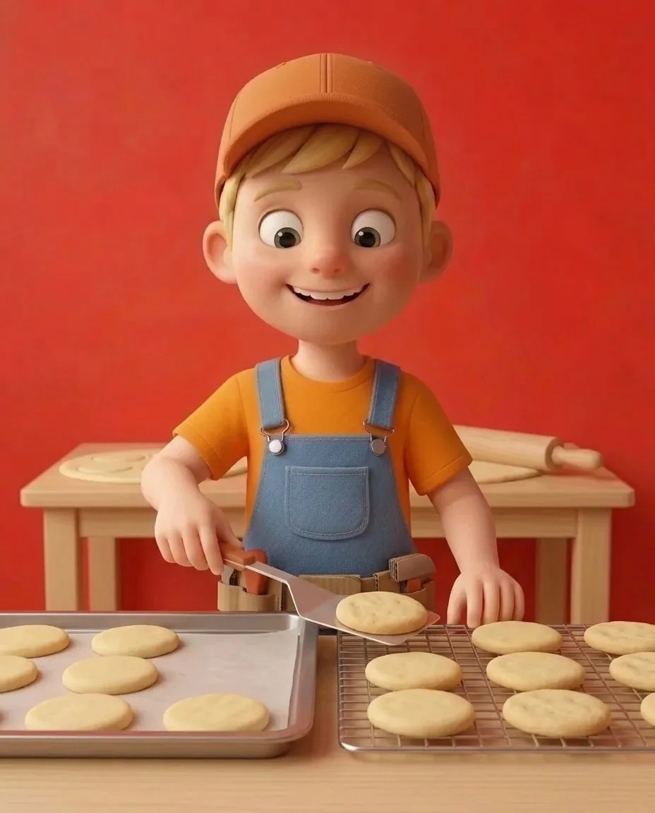 Captain A uses a flat spatula to lift the pale golden baked circular biscuits off the warm baking tray.