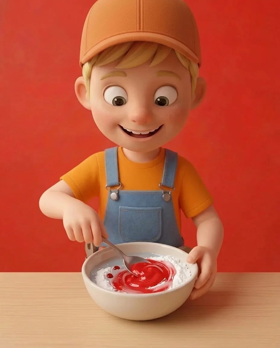 Captain A uses a spoon to stir icing sugar, a small splash of water, and drops of red food colouring inside a small bowl.