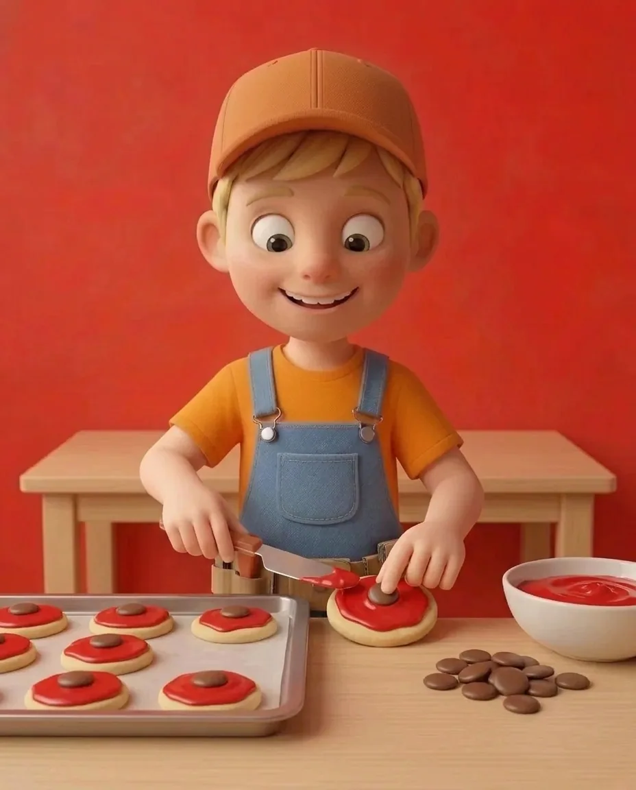Captain A uses a butter knife to spread a smooth layer of thick red icing over the top of each cooled circular biscuit.