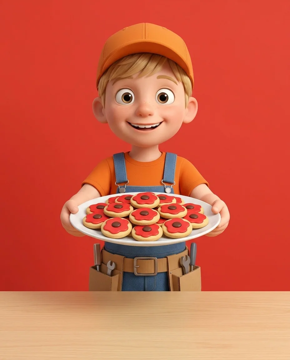 Captain A holds up a ceramic serving plate neatly filled with the completed red poppy shortbread biscuits, each featuring a dark chocolate button…