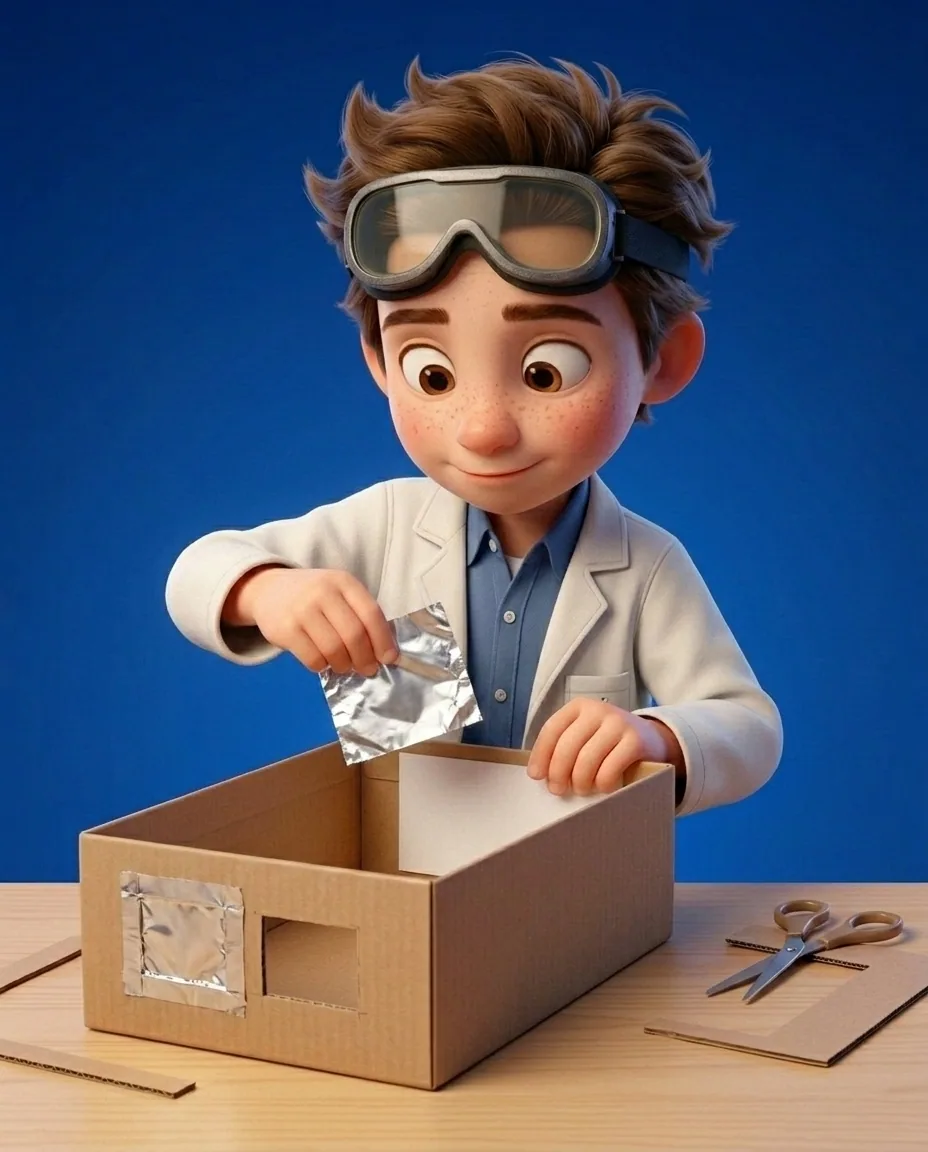 Professor O, a friendly 9-year-old boy scientist, fair skin with a few light freckles, tousled brown hair, with a pair of goggles pushed up on his…