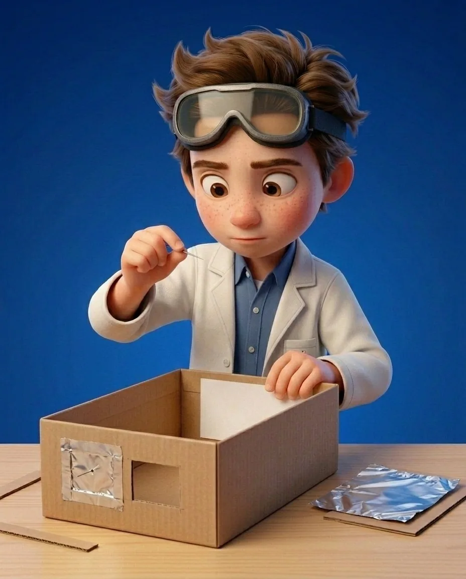 Professor O, a friendly 9-year-old boy scientist, fair skin with a few light freckles, tousled brown hair, with a pair of goggles pushed up on his…