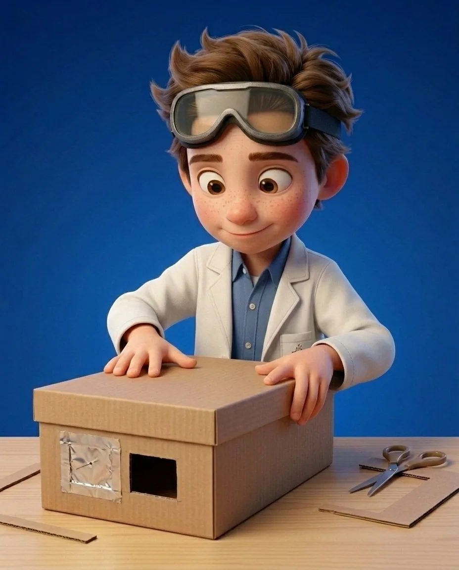 Professor O, a friendly 9-year-old boy scientist, fair skin with a few light freckles, tousled brown hair, with a pair of goggles pushed up on his…