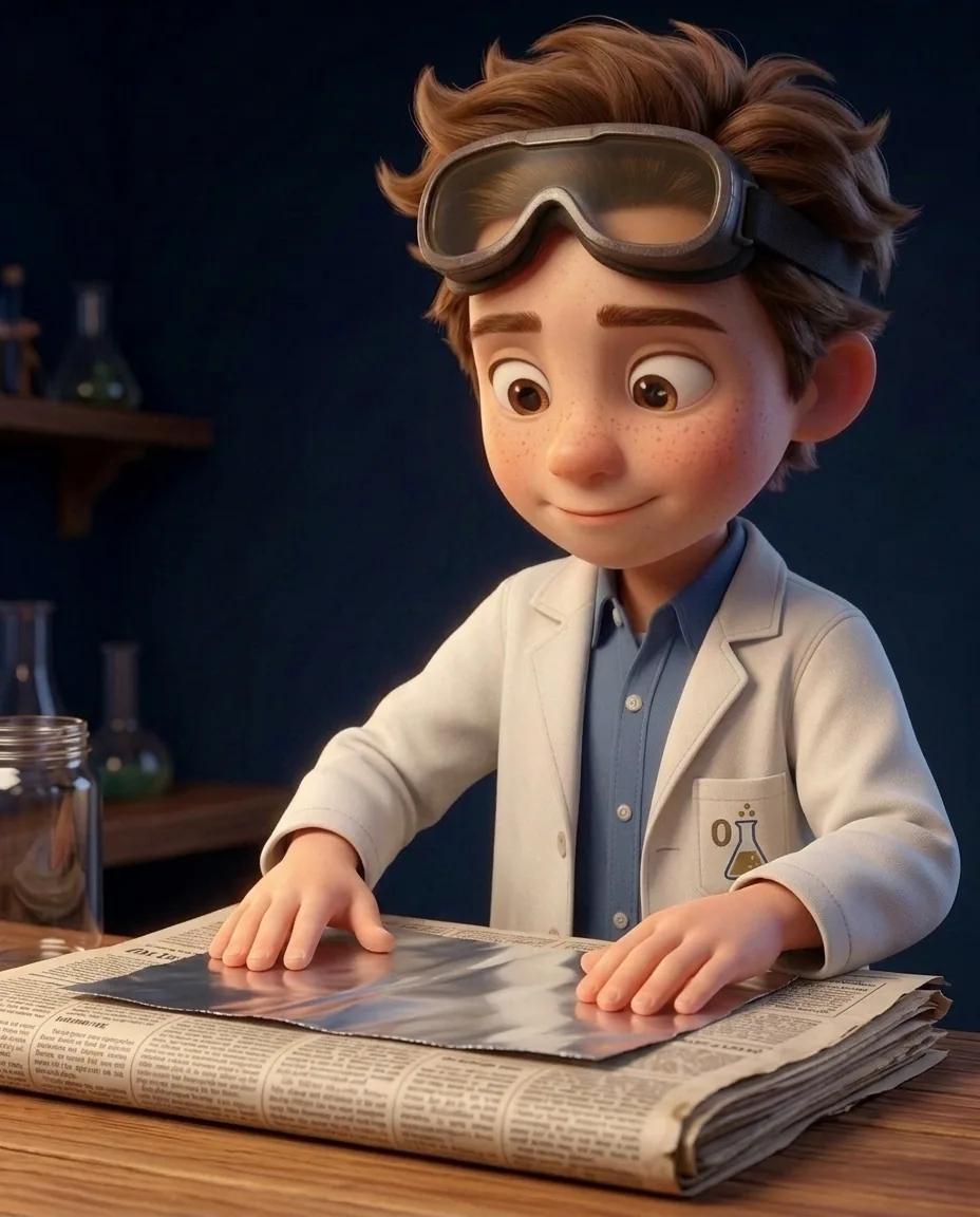 Professor O, a friendly 9-year-old boy scientist, fair skin with a few light freckles, tousled brown hair, with a pair of goggles pushed up on his…