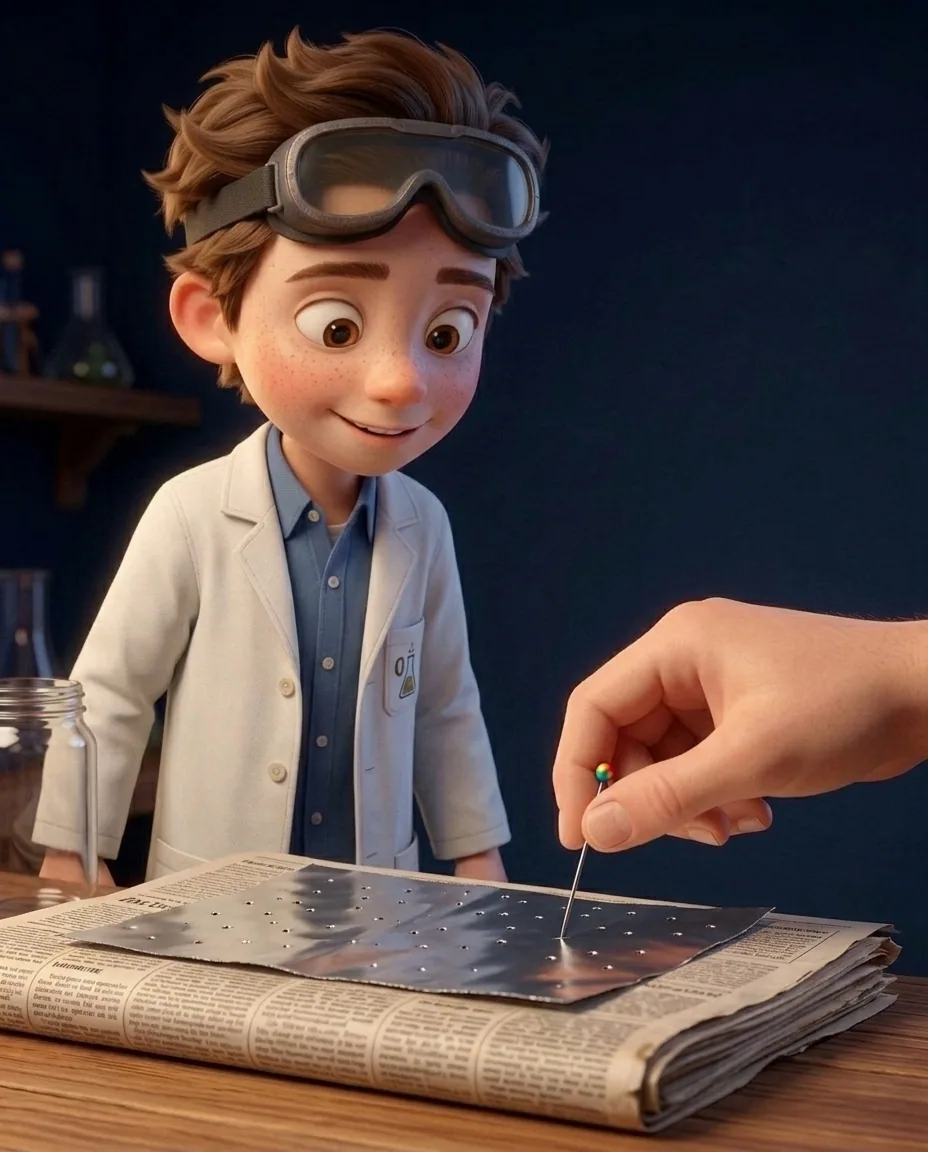Professor O, a friendly 9-year-old boy scientist, fair skin with a few light freckles, tousled brown hair, with a pair of goggles pushed up on his…