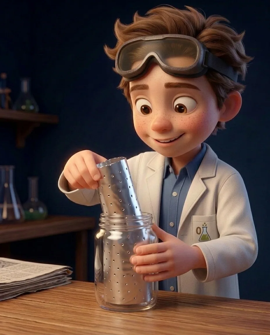 Professor O, a friendly 9-year-old boy scientist, fair skin with a few light freckles, tousled brown hair, with a pair of goggles pushed up on his…