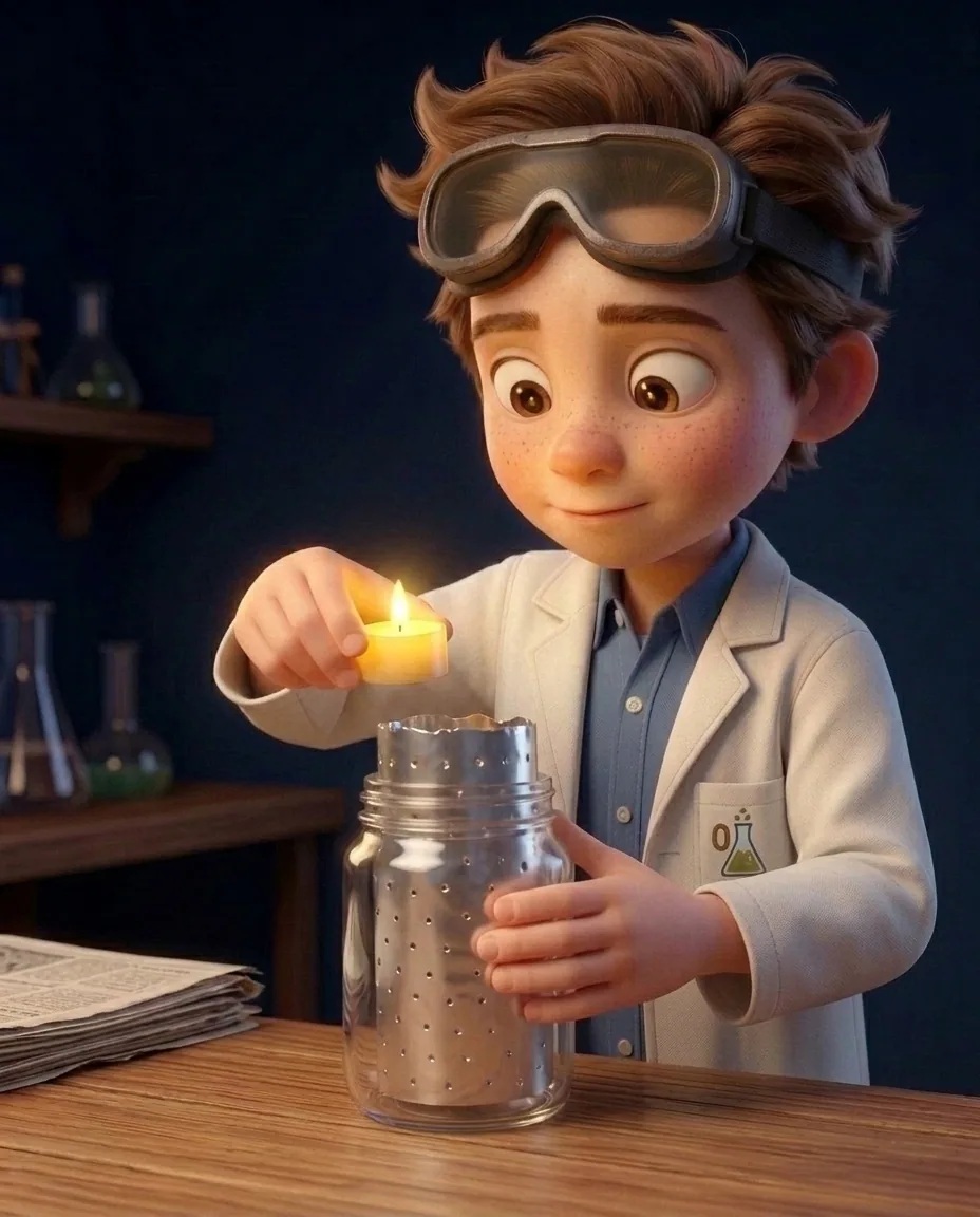 Professor O, a friendly 9-year-old boy scientist, fair skin with a few light freckles, tousled brown hair, with a pair of goggles pushed up on his…