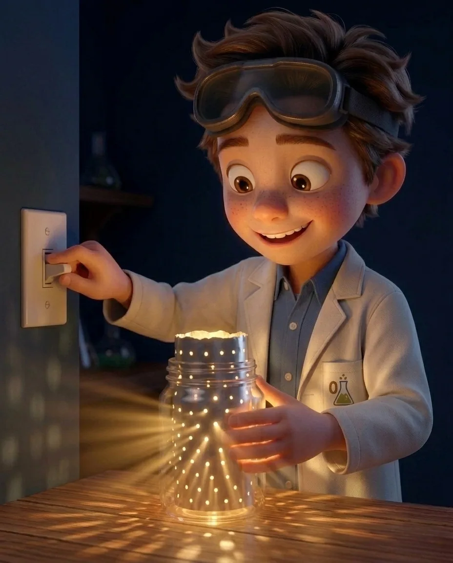 Professor O, a friendly 9-year-old boy scientist, fair skin with a few light freckles, tousled brown hair, with a pair of goggles pushed up on his…