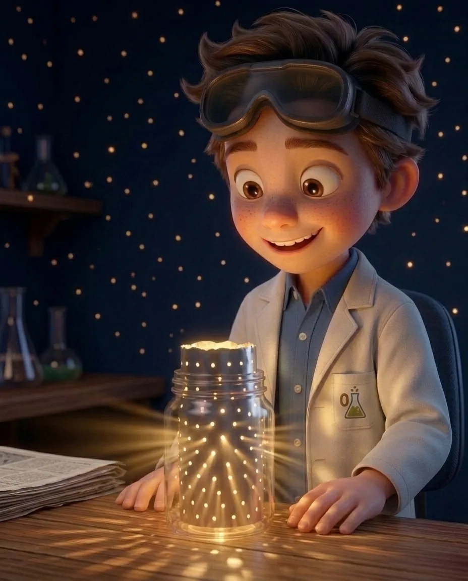 Professor O, a friendly 9-year-old boy scientist, fair skin with a few light freckles, tousled brown hair, with a pair of goggles pushed up on his…