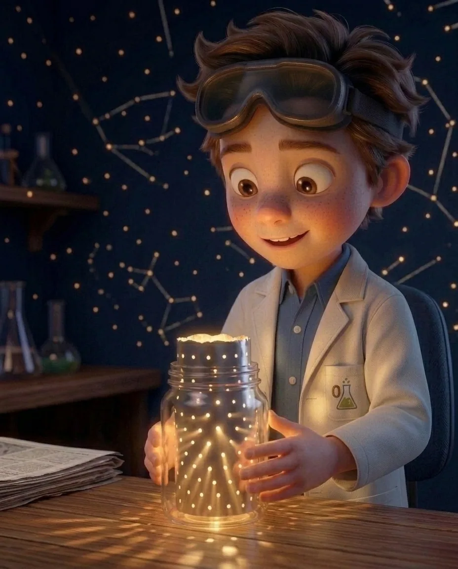 Professor O, a friendly 9-year-old boy scientist, fair skin with a few light freckles, tousled brown hair, with a pair of goggles pushed up on his…