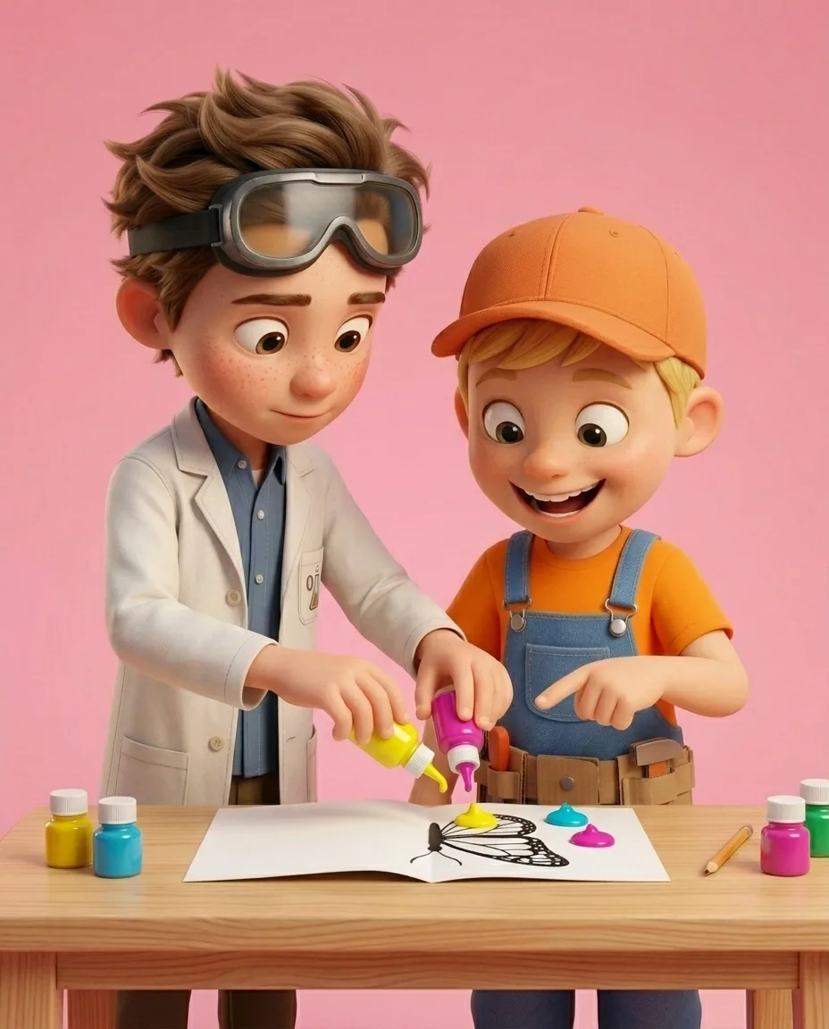 At a light wooden craft table against a bubblegum pink background, Professor O, a friendly 9-year-old boy scientist, fair skin with a few light…