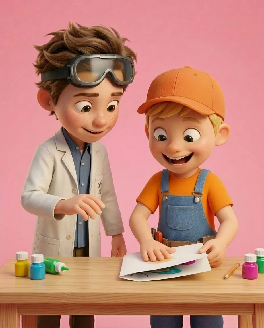 In front of a bright bubblegum pink background at a wooden craft table, Captain A, a cheerful energetic 6-year-old boy maker with a big grin, short…