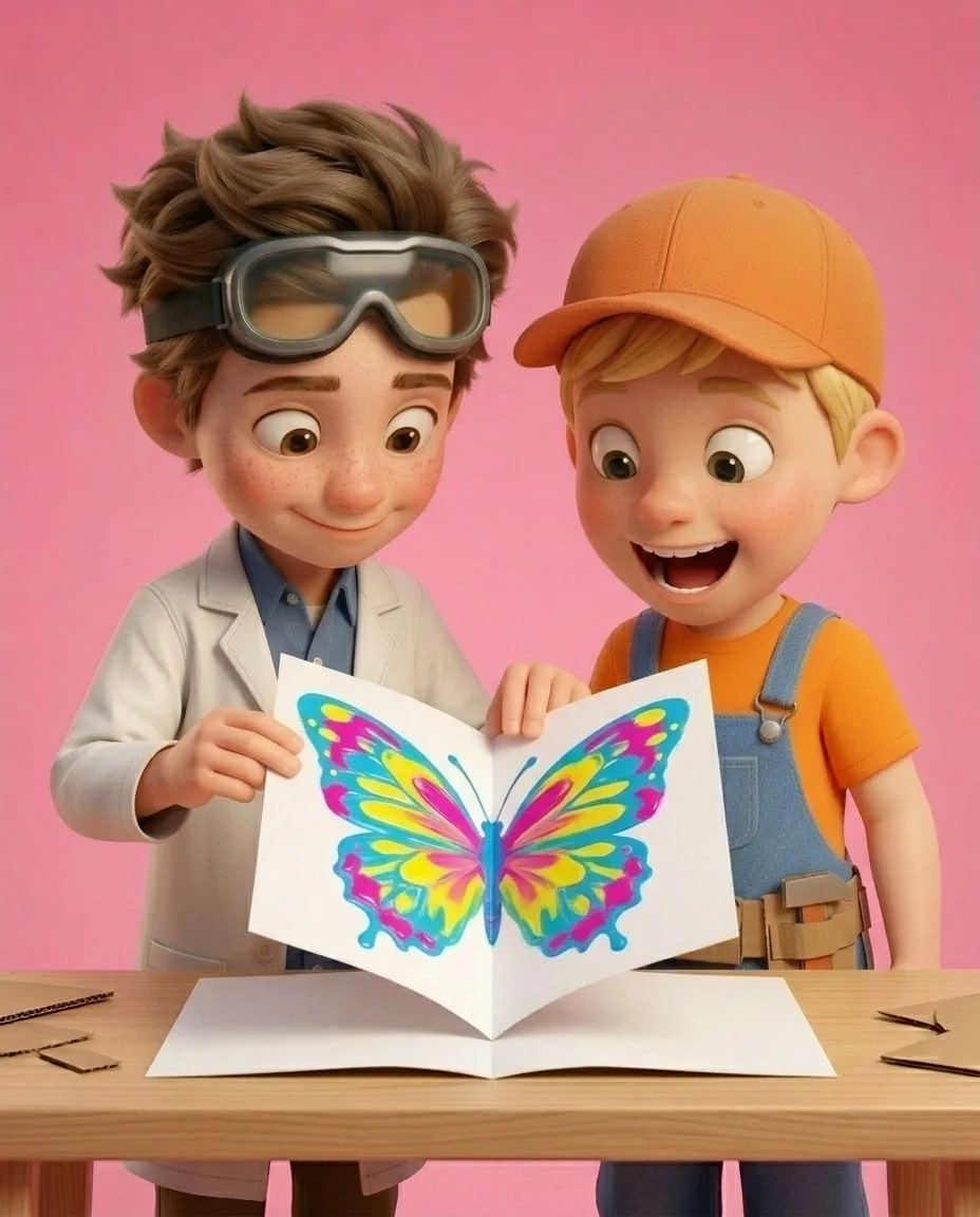At a light wooden table against a bubblegum pink background, Professor O, a friendly 9-year-old boy scientist, fair skin with a few light freckles…