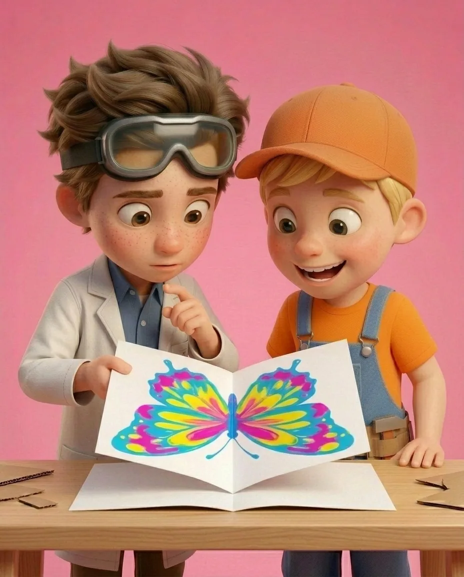 Against a vibrant bubblegum pink background, Professor O, a friendly 9-year-old boy scientist, fair skin with a few light freckles, tousled brown…