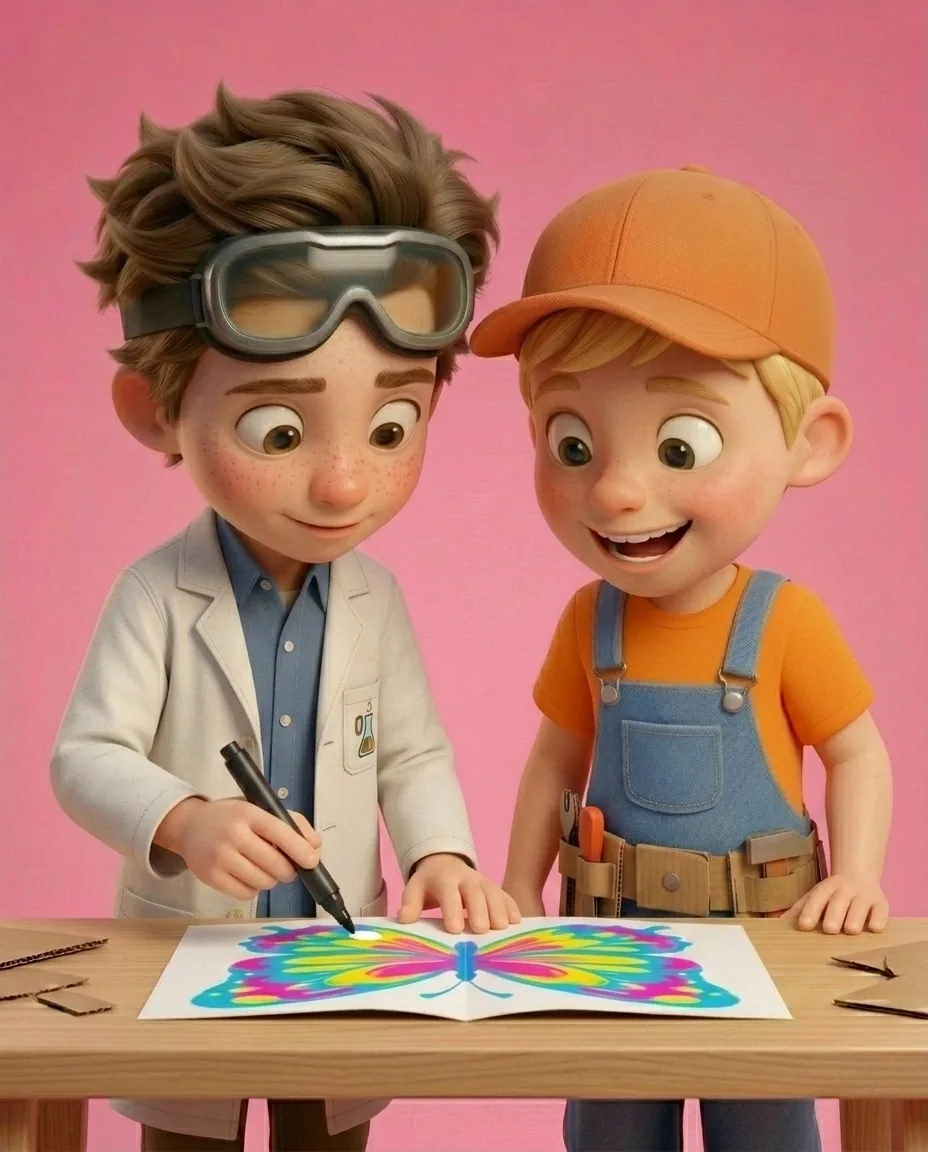 In the room with a bubblegum pink background, Professor O, a friendly 9-year-old boy scientist, fair skin with a few light freckles, tousled brown…