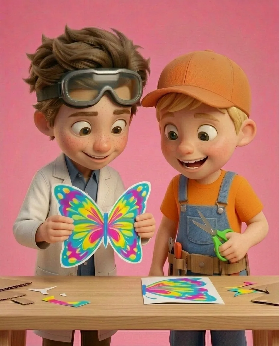 At the light wooden table with a bubblegum pink background, Captain A, a cheerful energetic 6-year-old boy maker with a big grin, short blonde hair…