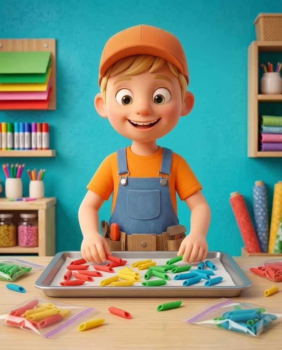 In a bright cozy craft room with a vibrant turquoise background wall and a light wooden table, Captain A, a cheerful energetic 6-year-old boy maker…