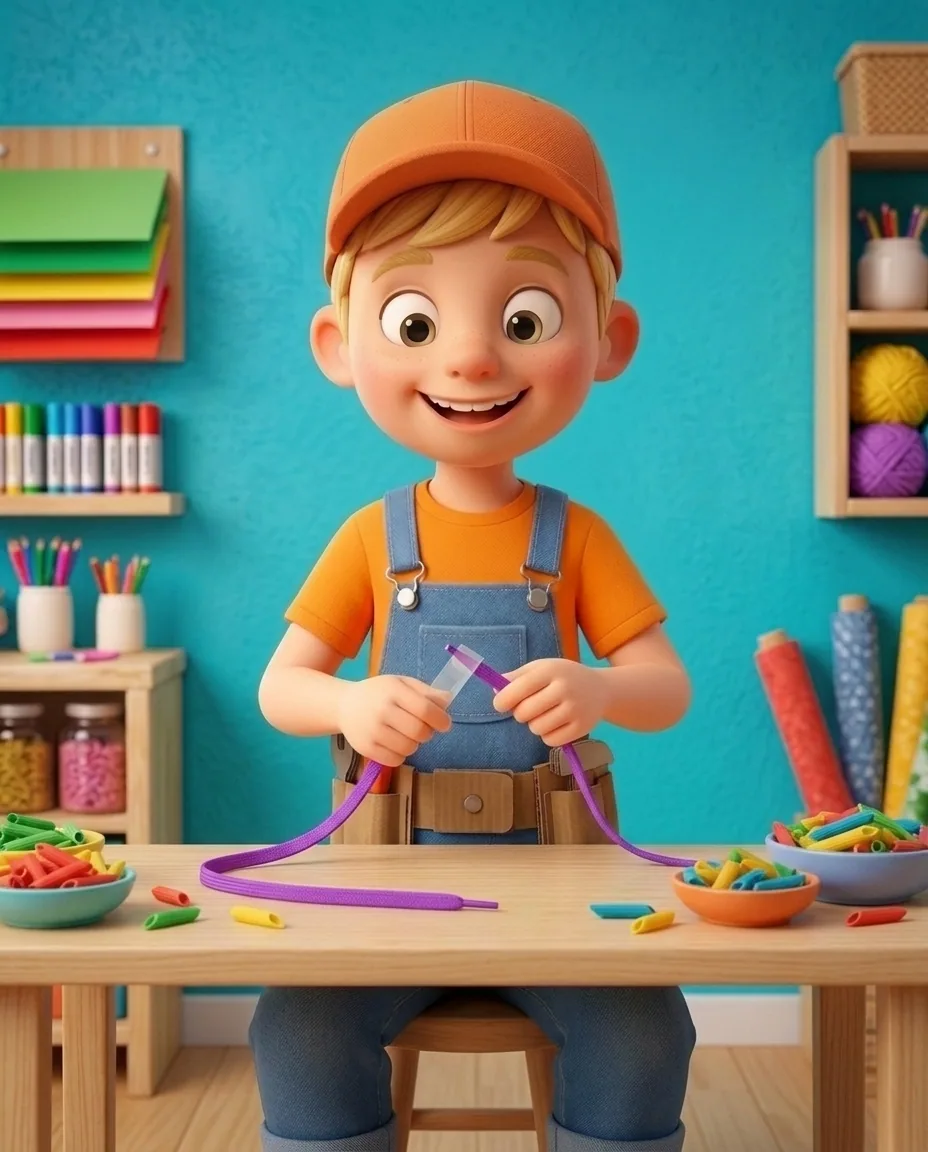 In a bright cozy craft room with a vibrant turquoise background wall and a light wooden table, Captain A, a cheerful energetic 6-year-old boy maker…