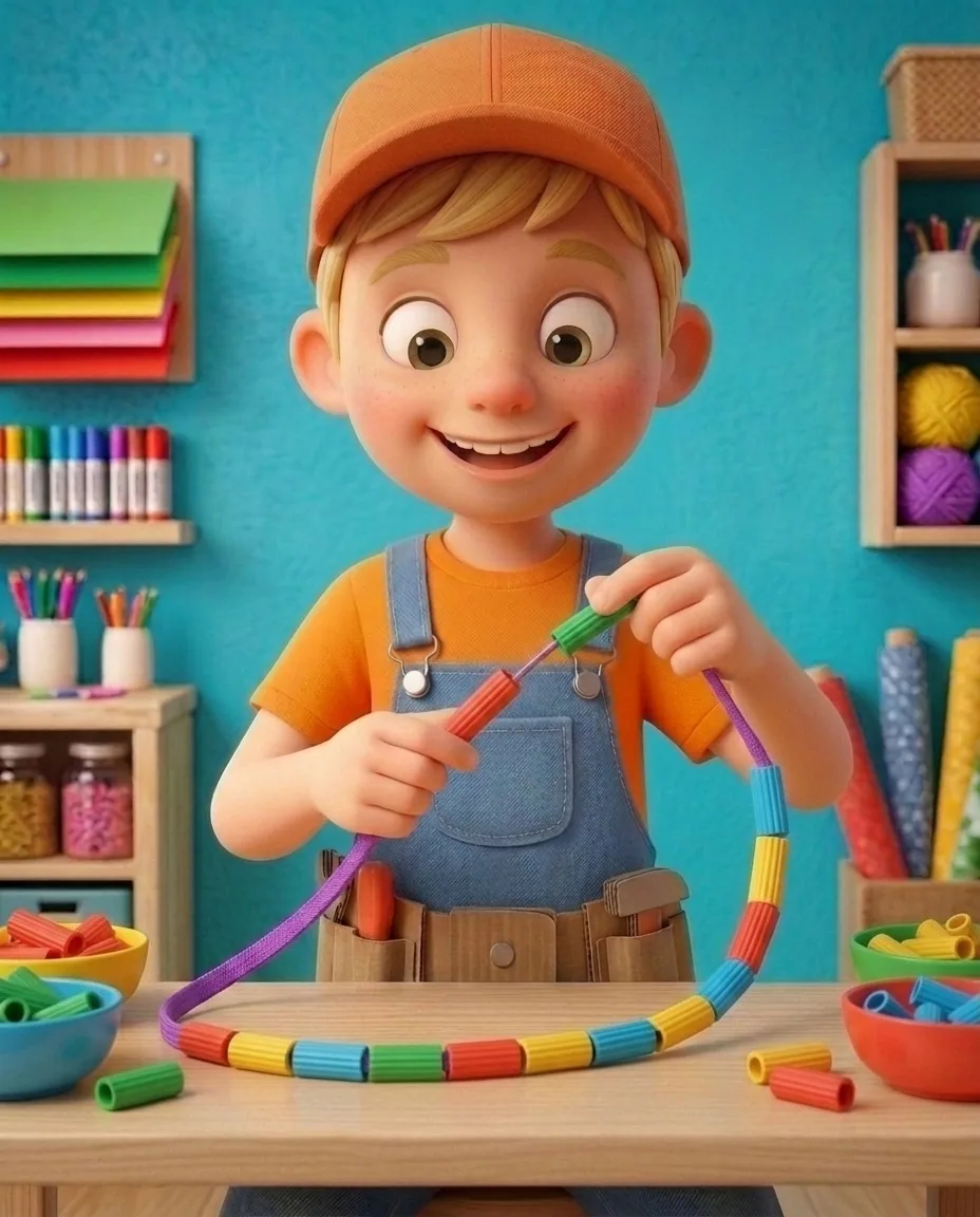 In a bright cozy craft room with a vibrant turquoise background wall and a light wooden table, Captain A, a cheerful energetic 6-year-old boy maker…
