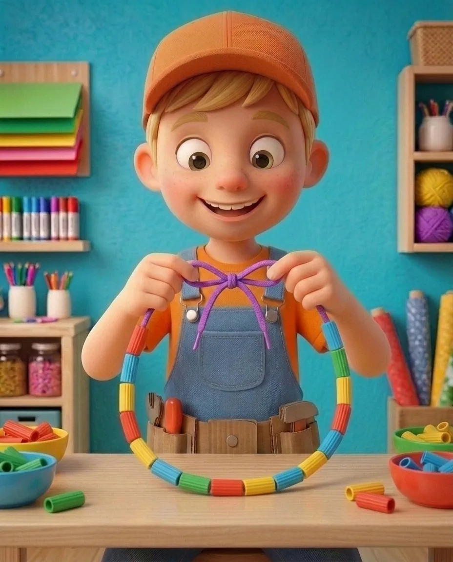 In a bright cozy craft room with a vibrant turquoise background wall and a light wooden table, Captain A, a cheerful energetic 6-year-old boy maker…