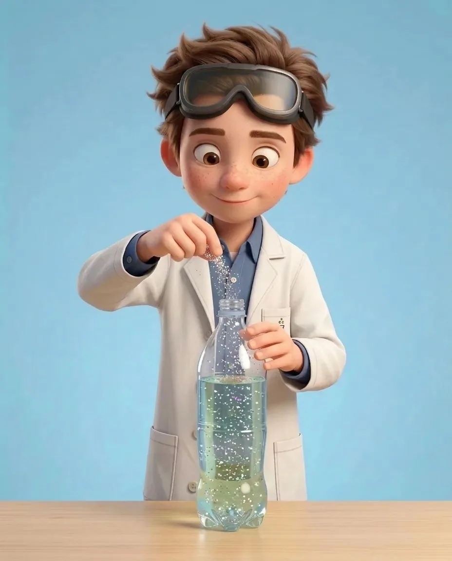 Professor O uses two fingers to sprinkle a small pinch of shiny glitter into the open top of the upright plastic bottle.