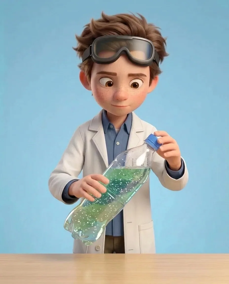 Professor O twists the plastic cap tightly onto the threaded neck of the upright bottle.