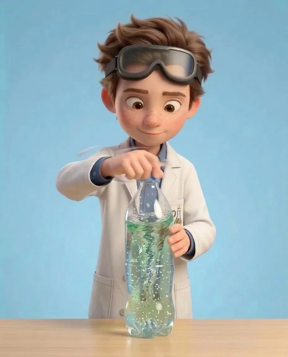 Professor O grips the neck of the upright plastic bottle with one hand and rapidly rotates the bottle in tight circular motions.