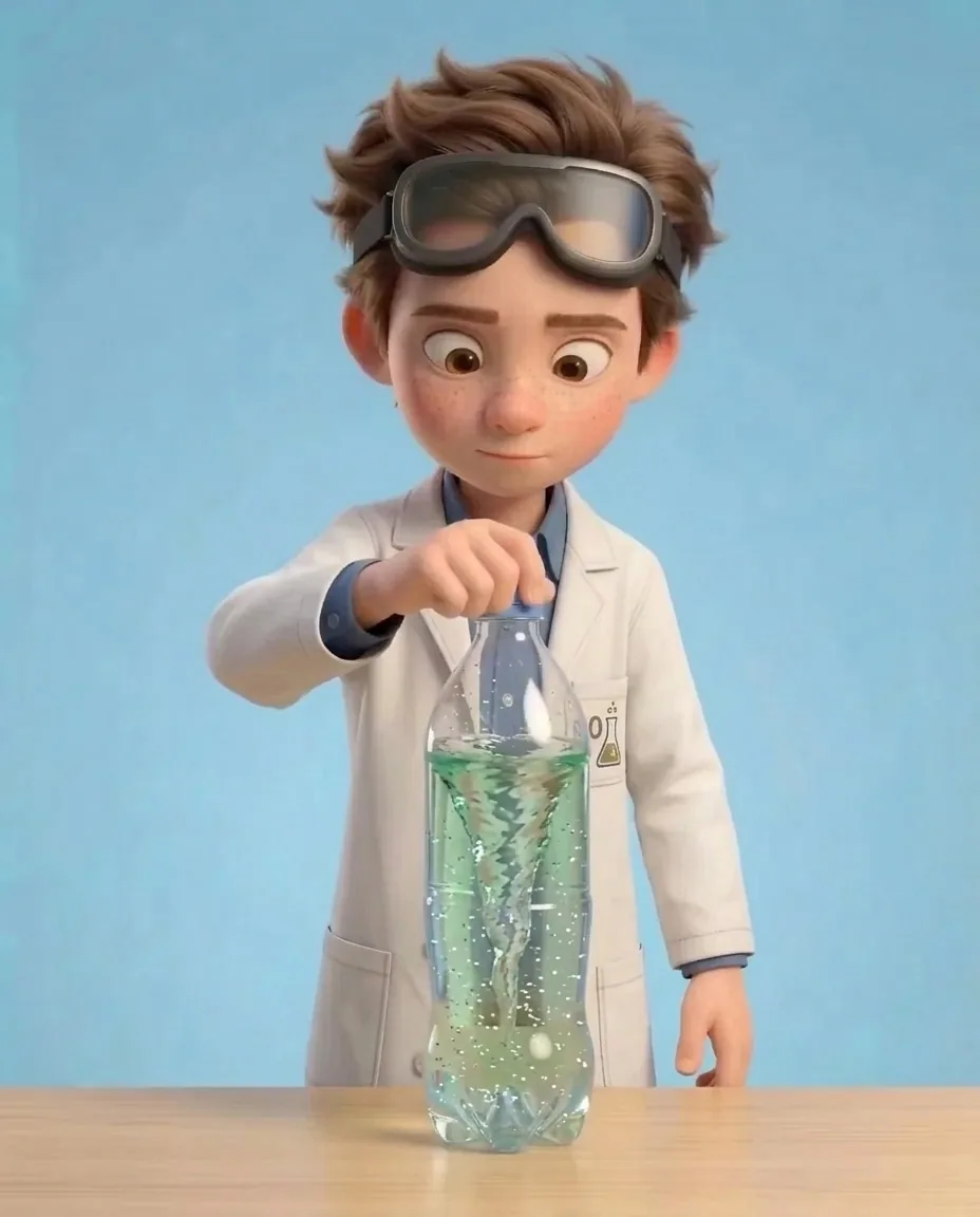 Professor O holds the upright bottle completely stationary with one hand on its neck.