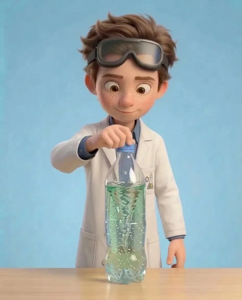 Professor O holds the upright bottle still after a brisk, sudden stop, leaning in closely to observe the result.