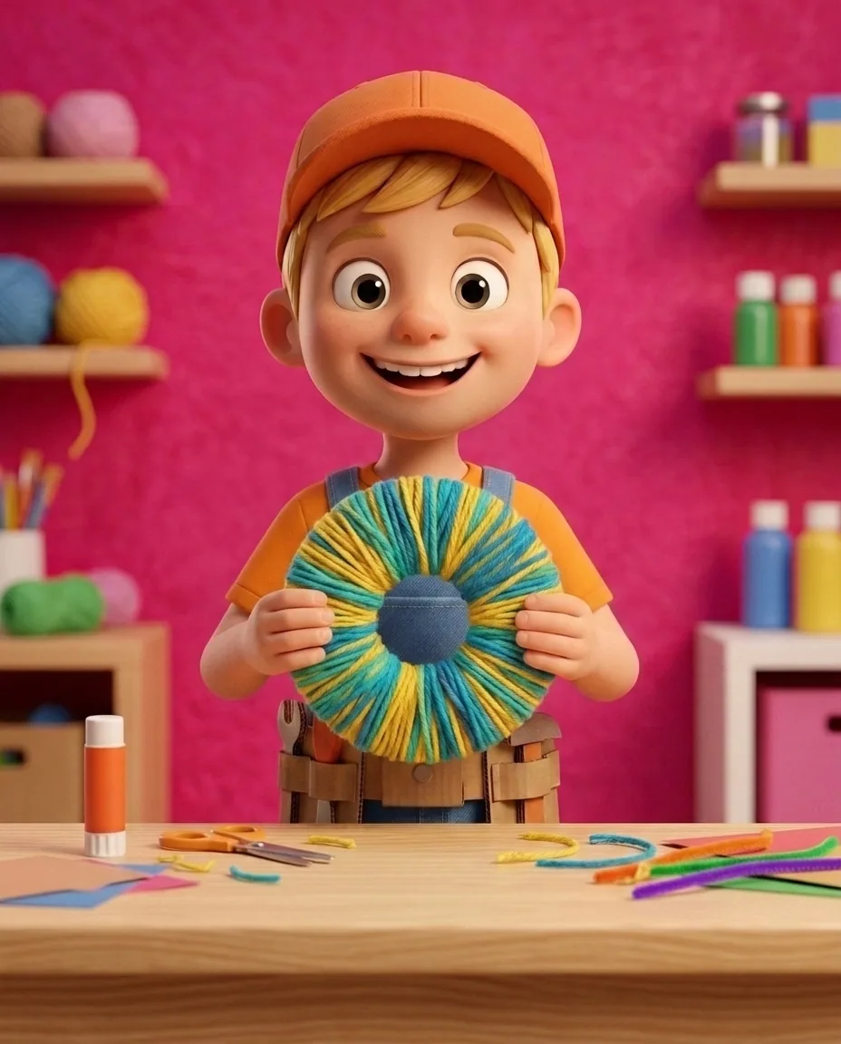 Captain A, a cheerful energetic 6-year-old boy maker with a big grin, short blonde hair under an orange builder's cap, a bright orange t-shirt under…