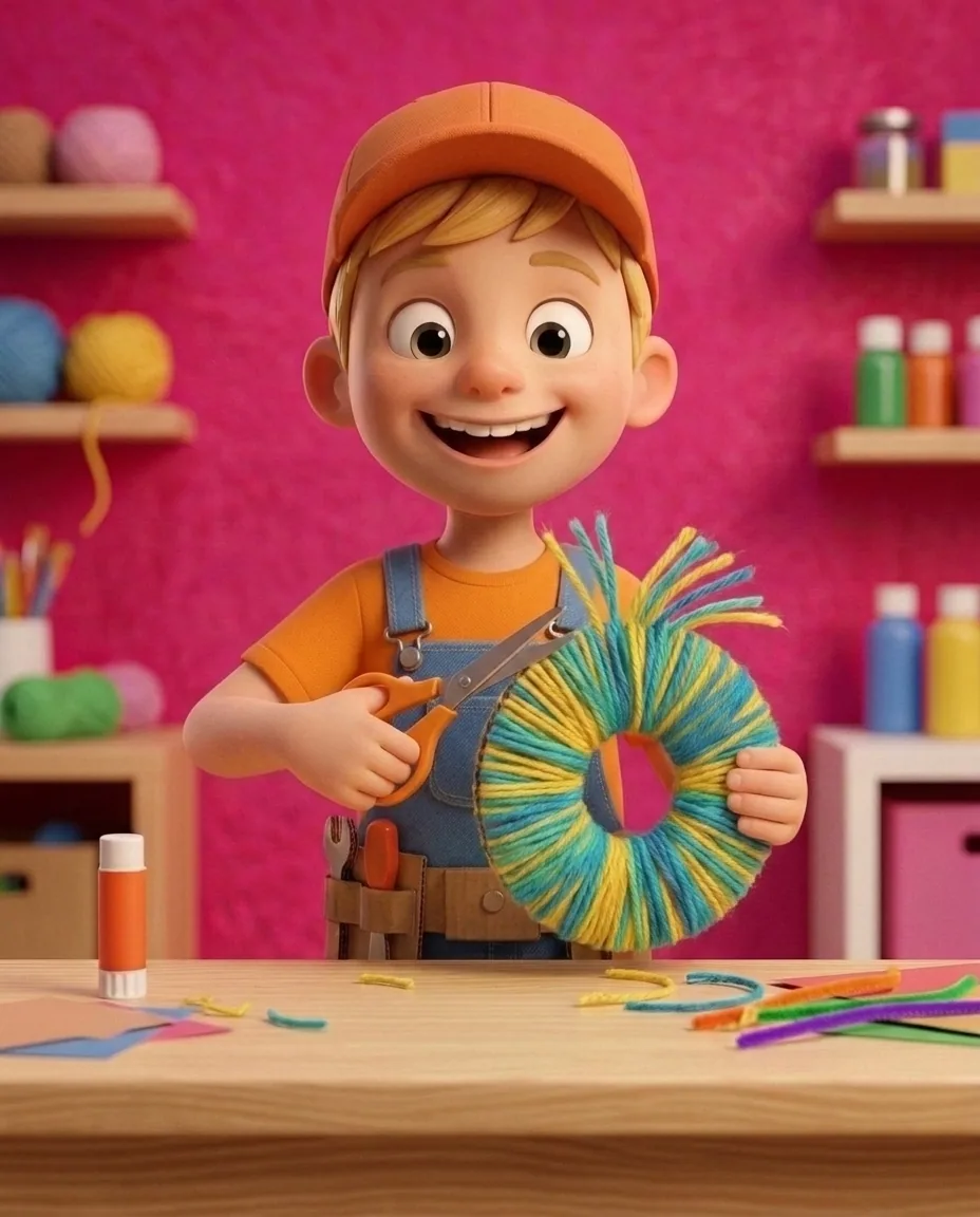 Captain A, a cheerful energetic 6-year-old boy maker with a big grin, short blonde hair under an orange builder's cap, a bright orange t-shirt under…