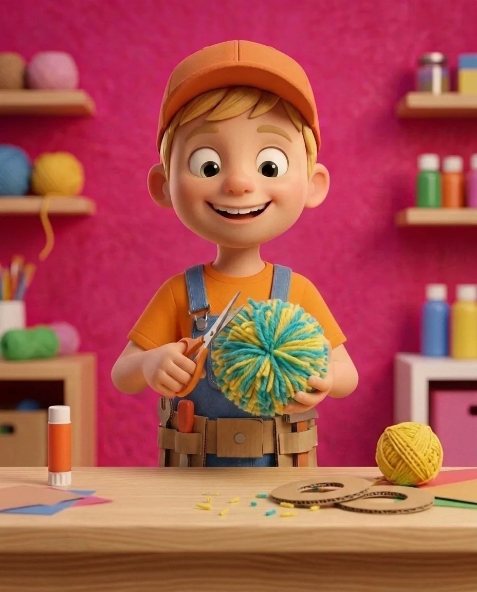 Captain A, a cheerful energetic 6-year-old boy maker with a big grin, short blonde hair under an orange builder's cap, a bright orange t-shirt under…