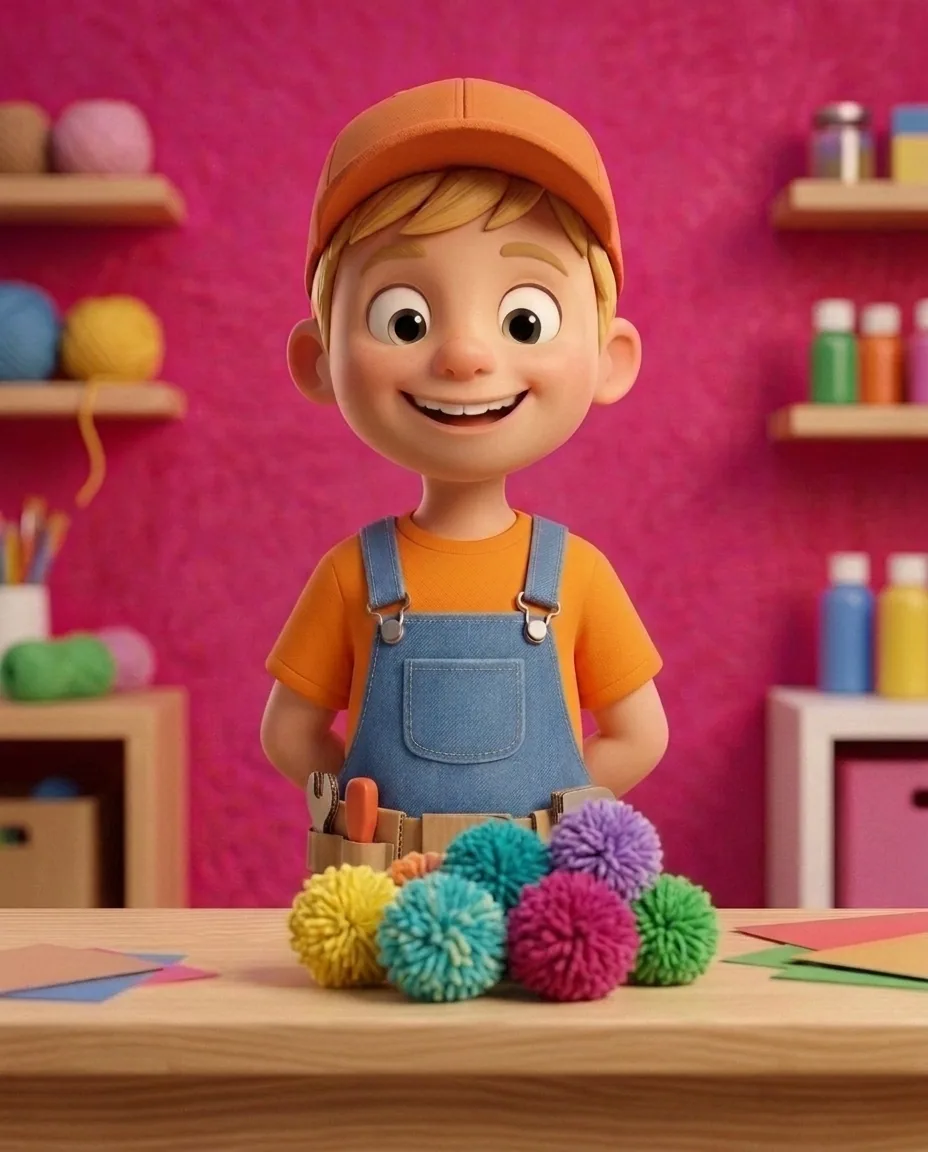 Captain A, a cheerful energetic 6-year-old boy maker with a big grin, short blonde hair under an orange builder's cap, a bright orange t-shirt under…